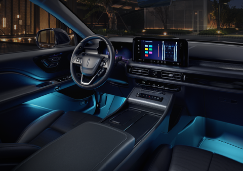 Deep blue ambient lighting glows from various places within a 2025 Lincoln Aviator® SUV. | Bondy's Lincoln in Dothan AL