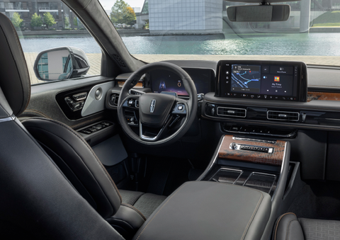 The interior of the 2025 Lincoln Aviator® SUV is shown parked with a view of a harbor through the windshield. | Bondy's Lincoln in Dothan AL