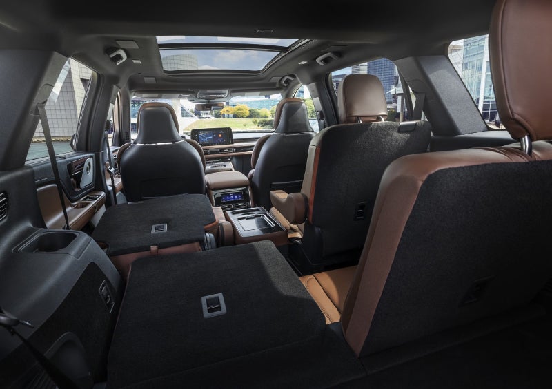 One side of the PowerFold® third-row seat and a second-row seat are folded forward in the 2026 Lincoln Aviator® SUV. | Bondy's Lincoln in Dothan AL